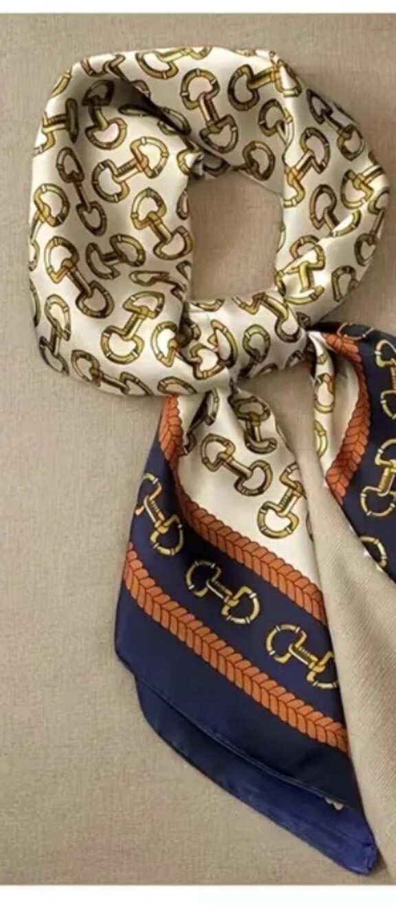 Horsebit Design scarf. 27.5 in square Silky soft w/ Gucci Vibes. Navy Blue - Picture 2 of 4